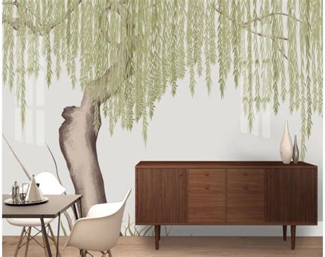 One Large Weeping Willow Tree Wallpaper Wall Mural Green Etsy