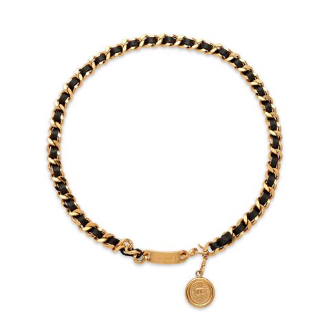 Chanel Vintage Gold Metal And Black Lambskin Cc Medallion Chain Belt