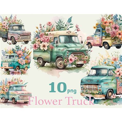 Watercolor Trucks With Flowers And Plants On The Front Behind Them Is