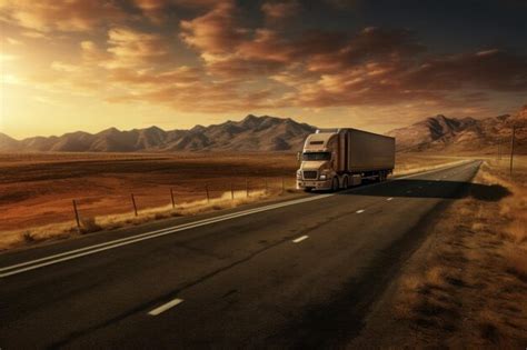 Premium Photo Semi Truck On Desert Road At Sunset