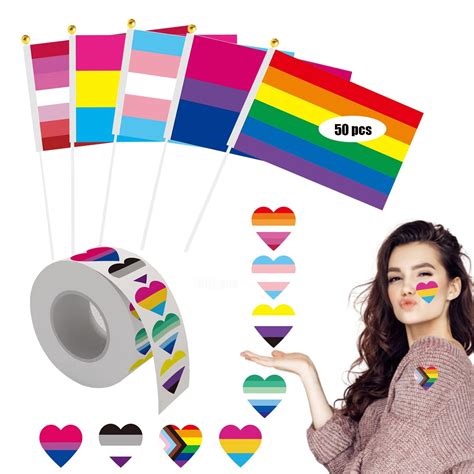 50 Pack Handheld Pride Flags And 500pcs Pride Stickers Handheld Lgbtq Bisexual Transgender