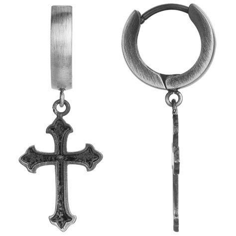 Boucles D Oreilles Homme Acier Noir Cr Oles Croix Laque Noire