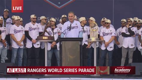 Bruce Bochy spoke on stage at the Texas Rangers 2023 World Series ...