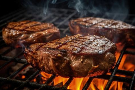 Premium Ai Image Two Steaks Cooking On A Grill With Flames Generative Ai