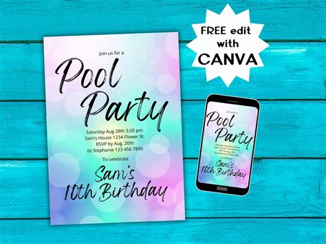 Tie Dye Pool Party Birthday Invitation Girls Pink Purple Summer Invite