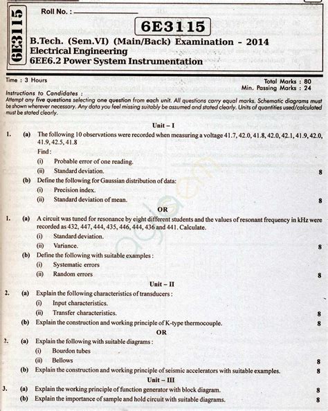 Rtu Question Papers 6 Semester Ee Power System Instrumentation