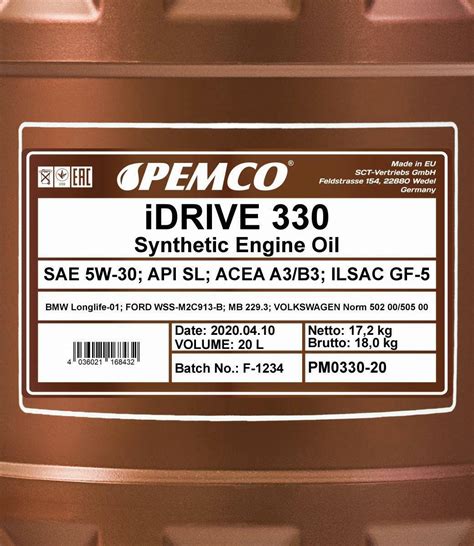 20L Pemco iDRIVE 330 Motoröl 5W 30 ACEA A3 B4 VW 502 00 505 00 MB 229 3