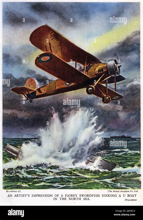 Halftone Of A Fairey Swordfish Sinking A U Boat In The North Sea During