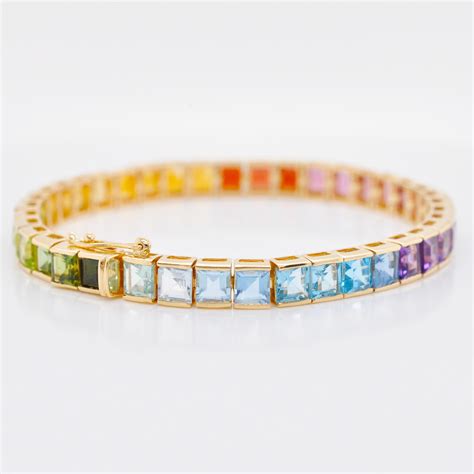 K Yellow Gold Mm Squares Rainbow Gemstones Tennis Line Bracelet For