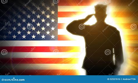 Soldier Salutes The American Flag In The Background Stock Photo