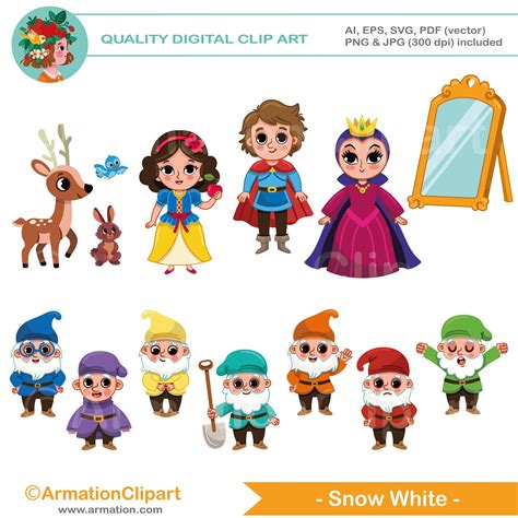 Snow White And 7 Dwarfs Clipart Bundle Cute Cartoon Digital Clip Art Scalable Layered Vector