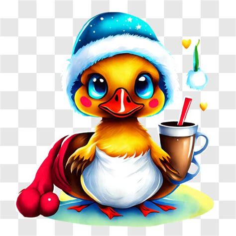 Baixe Pato de desenho animado usando chapéus de Papai Noel e bebendo