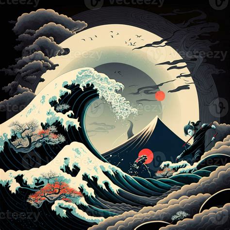 The great wave off kanagawa painting reproduction. Japanese style. Ukiyo-e style painting of the ...