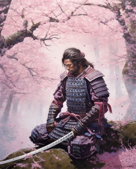 Samurai In Contemplation Japanese Warrior Cherry Blossom Trees Ai Art Image Ink Drawn Scene