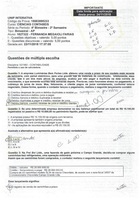 Prova Contabilidade Corrigida Unip Contabilidade Ci Ncias