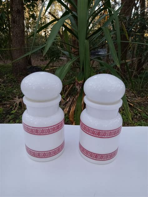 Vintage White Milk Glass Apothecary Jars Made In Belgium Bubble Top Red Graphics Pair Etsy