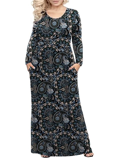 Mengpipi Women S Plus Size Casual Long Sleeve Maxi Dress With Pockets