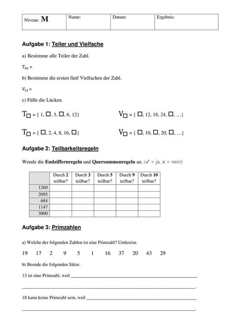 Klassenarbeit Teiler Primzahlen Brüche Dreifach Differenziert G M E Unterrichtsmaterial