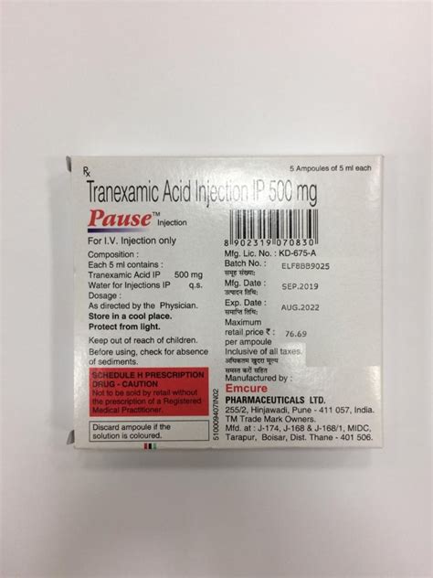 Pause Tranexamic Acid Injection Ip 500 Mg Prescription Packaging