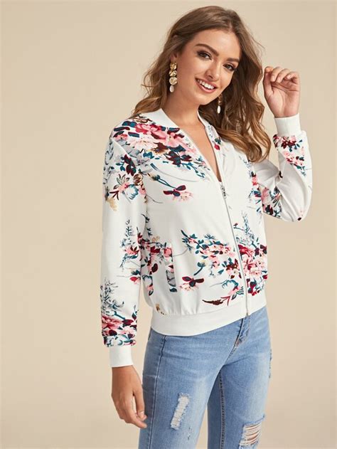 Shein Lune Floral Print Zipper Up Bomber Jacket Shein Usa