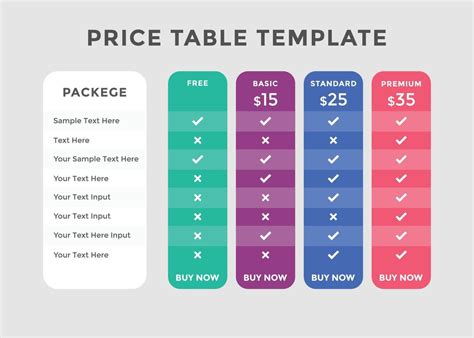 colorful comparison pricing template pricing  subscription plan pricing chart price chart