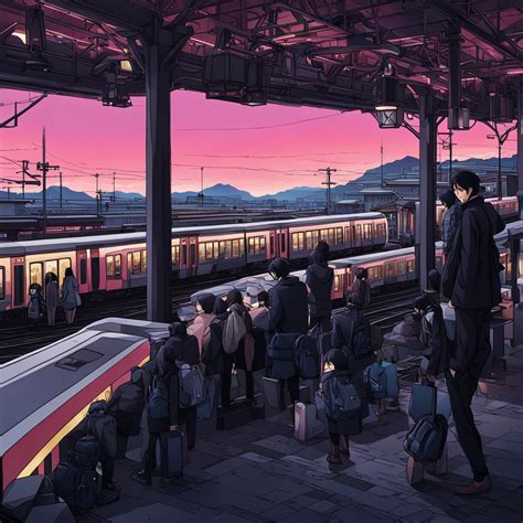 "Anime-style illustration of a train station in Japan amidst... by ...