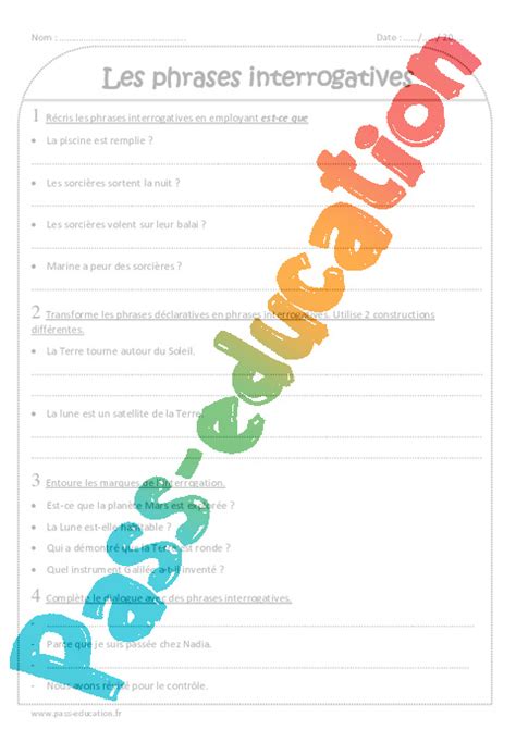 Phrases Interrogatives Ce2 Exercices Avec Correction Pass Education