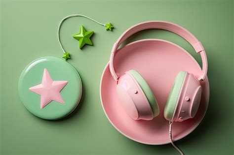 Premium Photo | Green background with pink headphones and a pink coffee ...