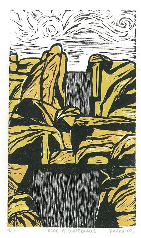 Rock And Waterfalls Linocut Print Rocky Landscape Linoleum Etsy