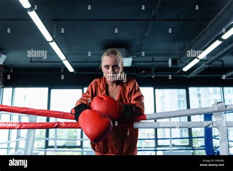 Blonde Haired Female Boxer Standing In Boxing Ring Stock Photo Alamy