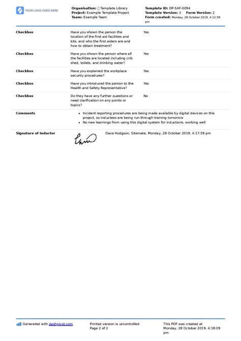 Ohs Induction Checklist Free And Editable Checklist Form