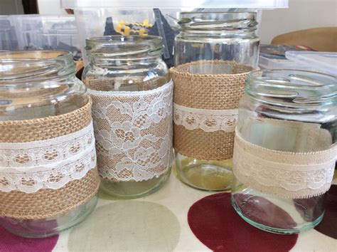 Vintage Style Hessian And Lace Jam Jar Vases Jam Jar Vases Vintage