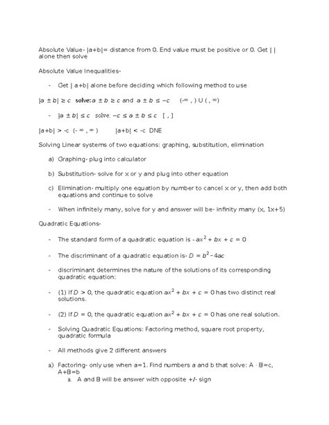 College Algebra Formula Sheet Absolute Value Ab Distance From 0