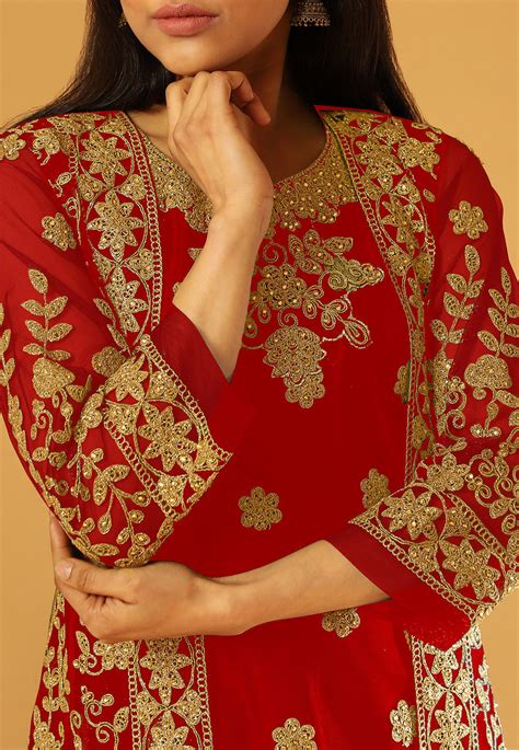 Buy Embroidered Net Jacket Style Pakistani Suit In Red Online Kch8759