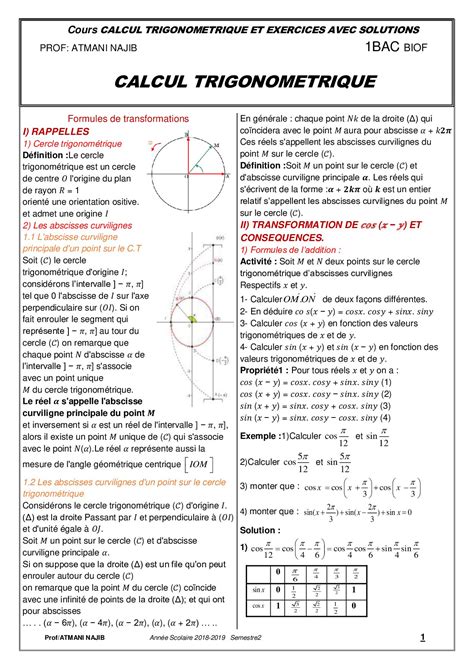 Calcul Trigonom Trique Cours Et Exercices Corrig S Alloschool