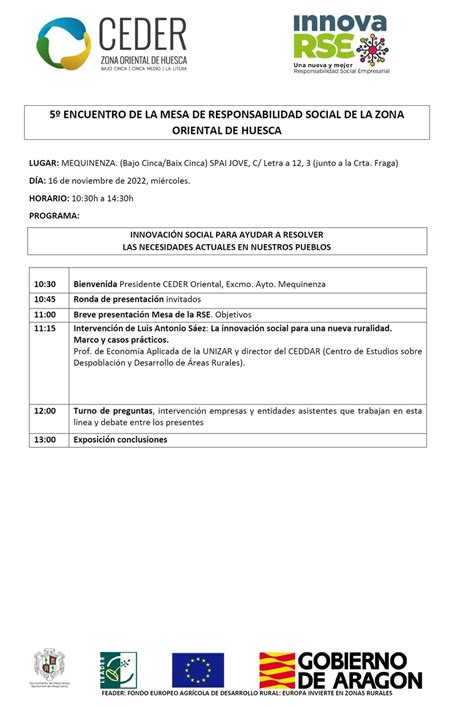 El Ceder Zona Oriental de Huesca convoca el 5º Encuentro de la Mesa de