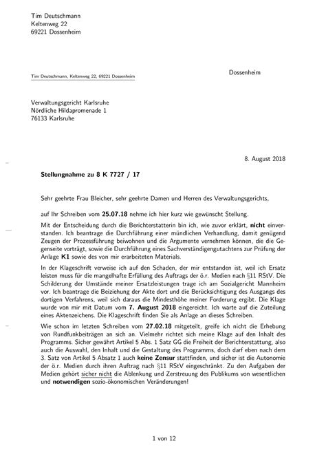 Stellungnahme zur Eröffnung des Hauptverfahrens am Verwaltungsgericht