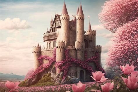 Premium Ai Image Beautiful Fairytale Pink Castle With Flowers