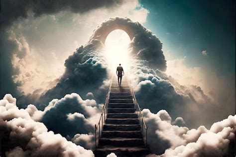 Premium Photo Man Climbing Into Paradise Through Clouds On Stairway