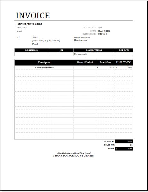 Handyman Receipt Template For Excel Word Excel Templates