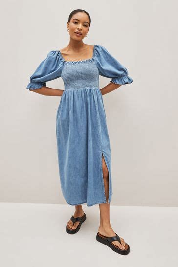 Buy Blue Puff Sleeve Square Neck Denim Midi Dress From The Gap Online Shop