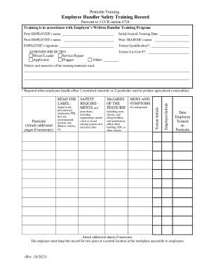 Fillable Online Employee Handler Safety Training Record Employee