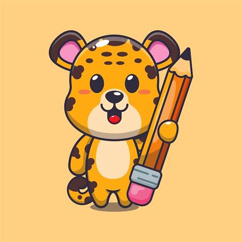 Leopard hält Bleistift Cartoon Vektor Illustration Premium Vektor