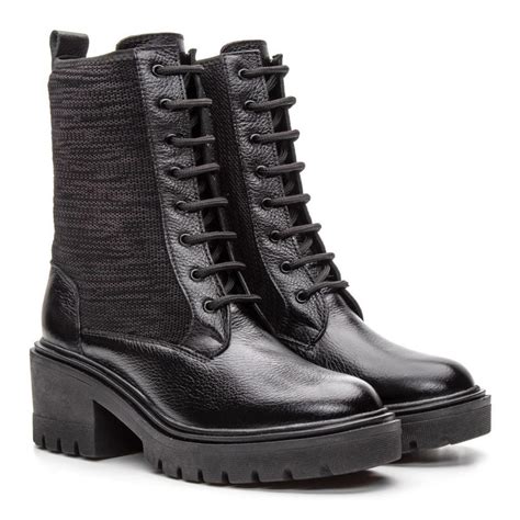 Bota Coturno Cano Medio - Bota Coturno Tratorado Feminino Cano Medio em Tecido Fecho Cadarço ...