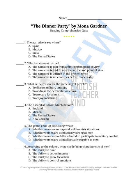 The Dinner Party By Mona Gardner Quiz Close Reading And Vocabulary