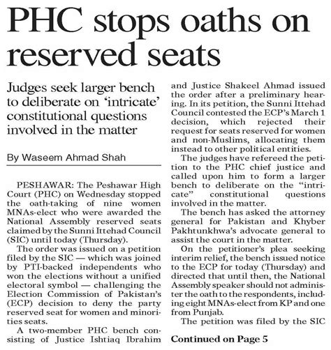 Dawn EPaper Mar 07 2024 PHC Stops Oaths On Reserved Seats