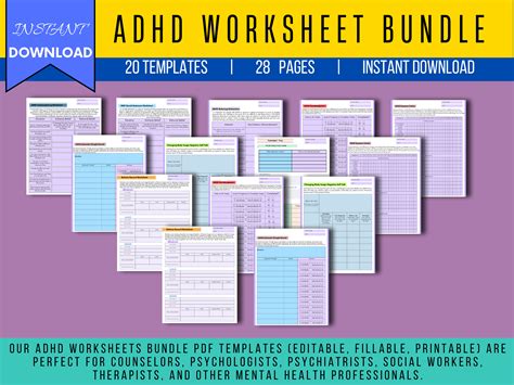 Adhd Worksheet Bundle Fillable Pdf For Psychotherapist Etsy