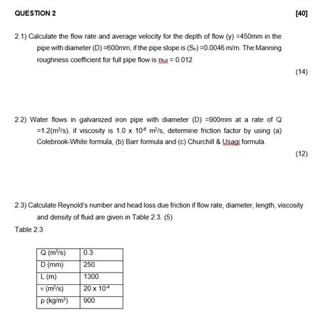 Solved Question 2 [40] 2 1 Calculate The Flow Rate And