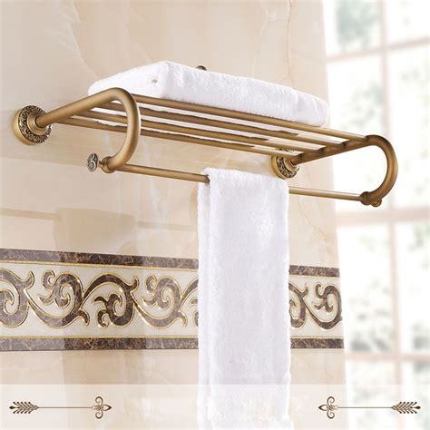 Luxury Bathroom Wall Mounted Brass Bath Towel Shelf Antique Style Towel