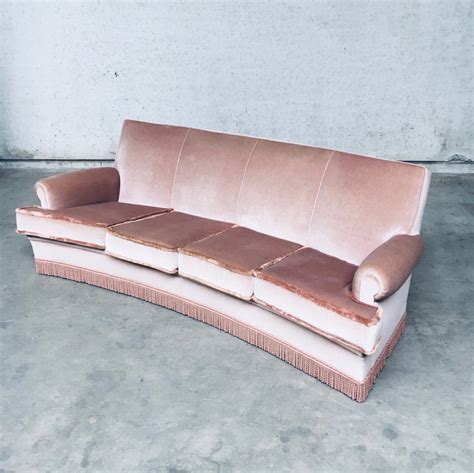 Vintage 1950s Design Pink Velvet Curved Sofa With Fringe 208757